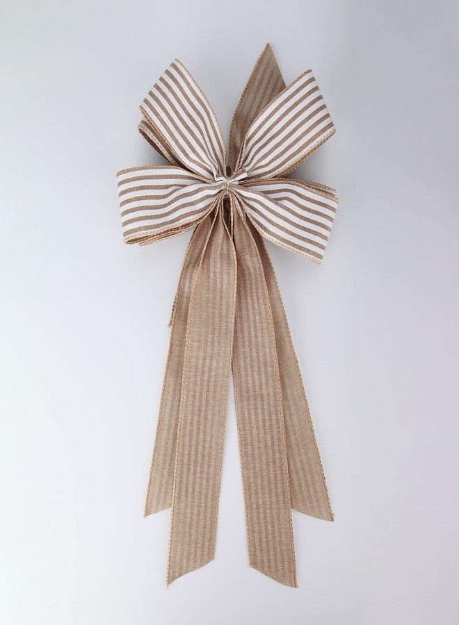 Meseey Large 24 x 10 Inch Natural Burlap White Rustic Ribbon Bow Farmhouse White Striped Wreath Bows for Christmas Door Wreath Home Decorations Tree Topper Party (White Striped) (PBCDBo23040022) - Image 2